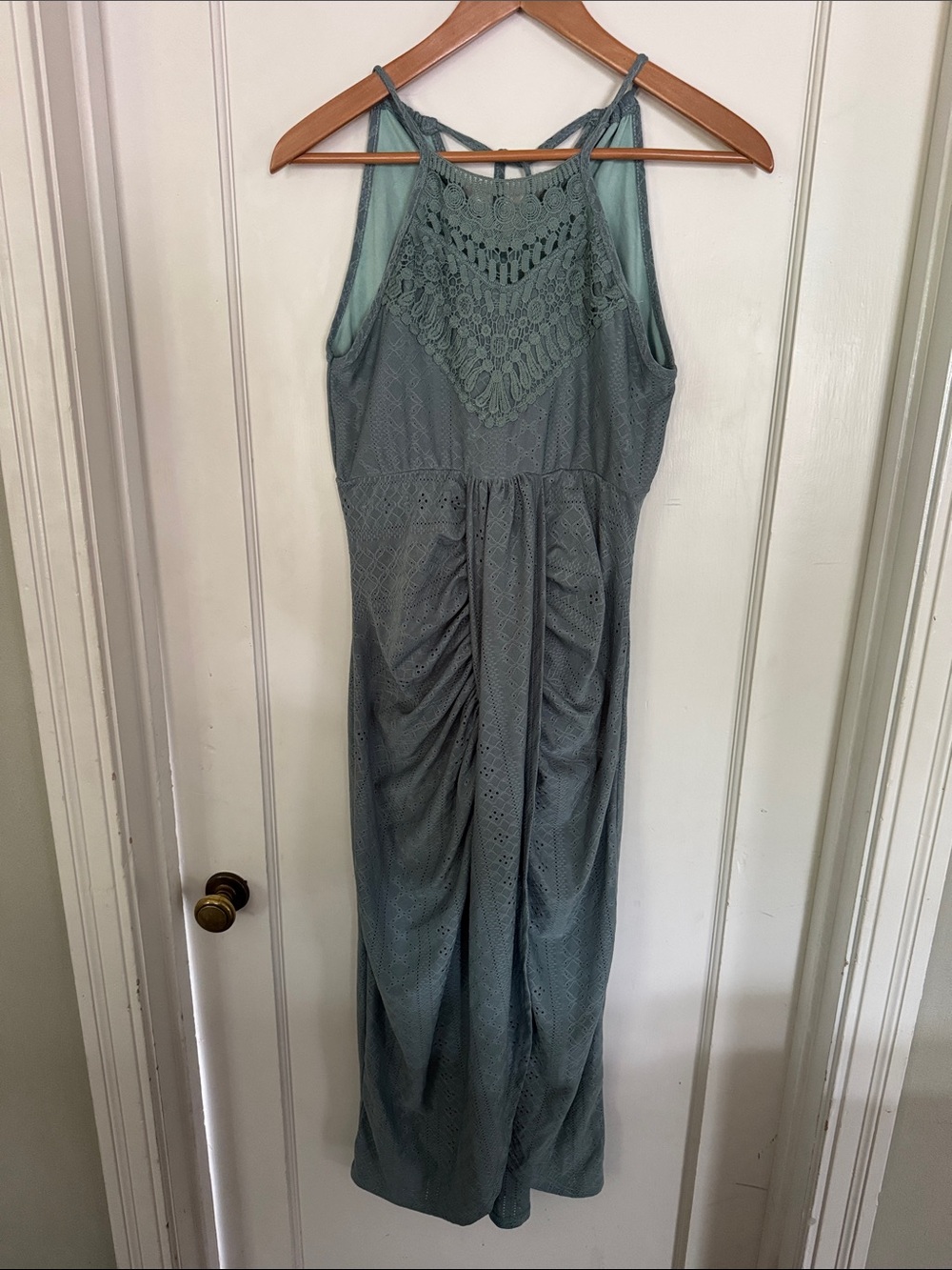 Crochet Halter Maxi Dress in Sage Green
